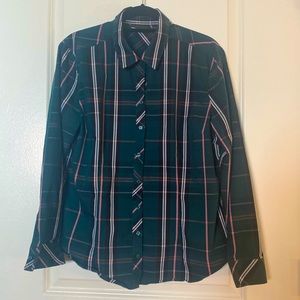 New York & Company Green/Black/White/ Pink Plaid Button Down Collar, Xtra Large